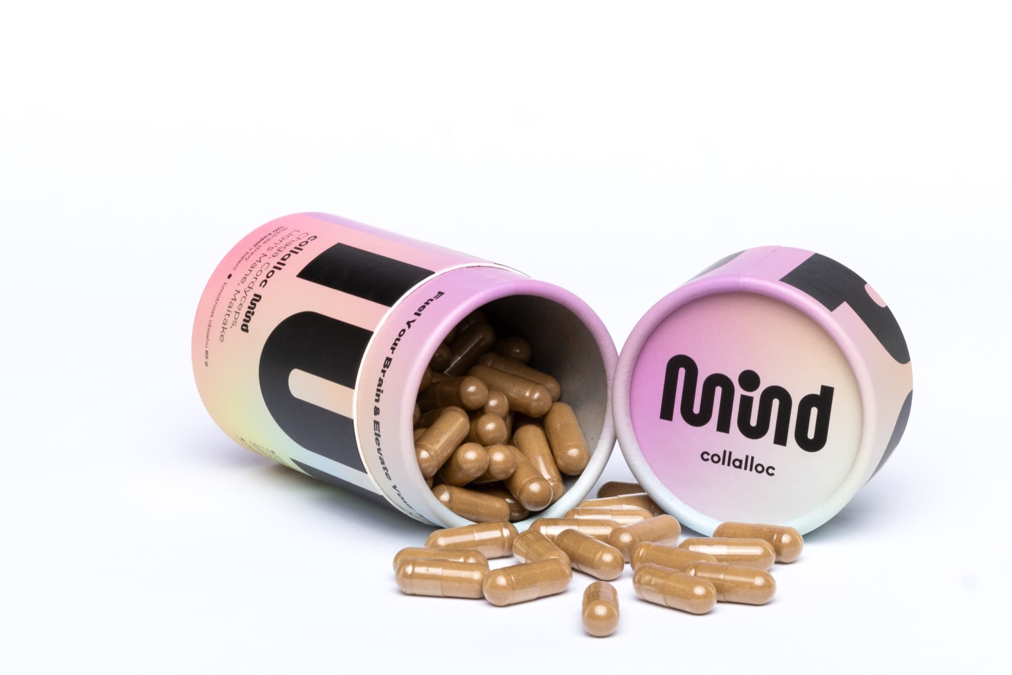 collalloc MIND, lid with the mind wordmark and capsules tipped out